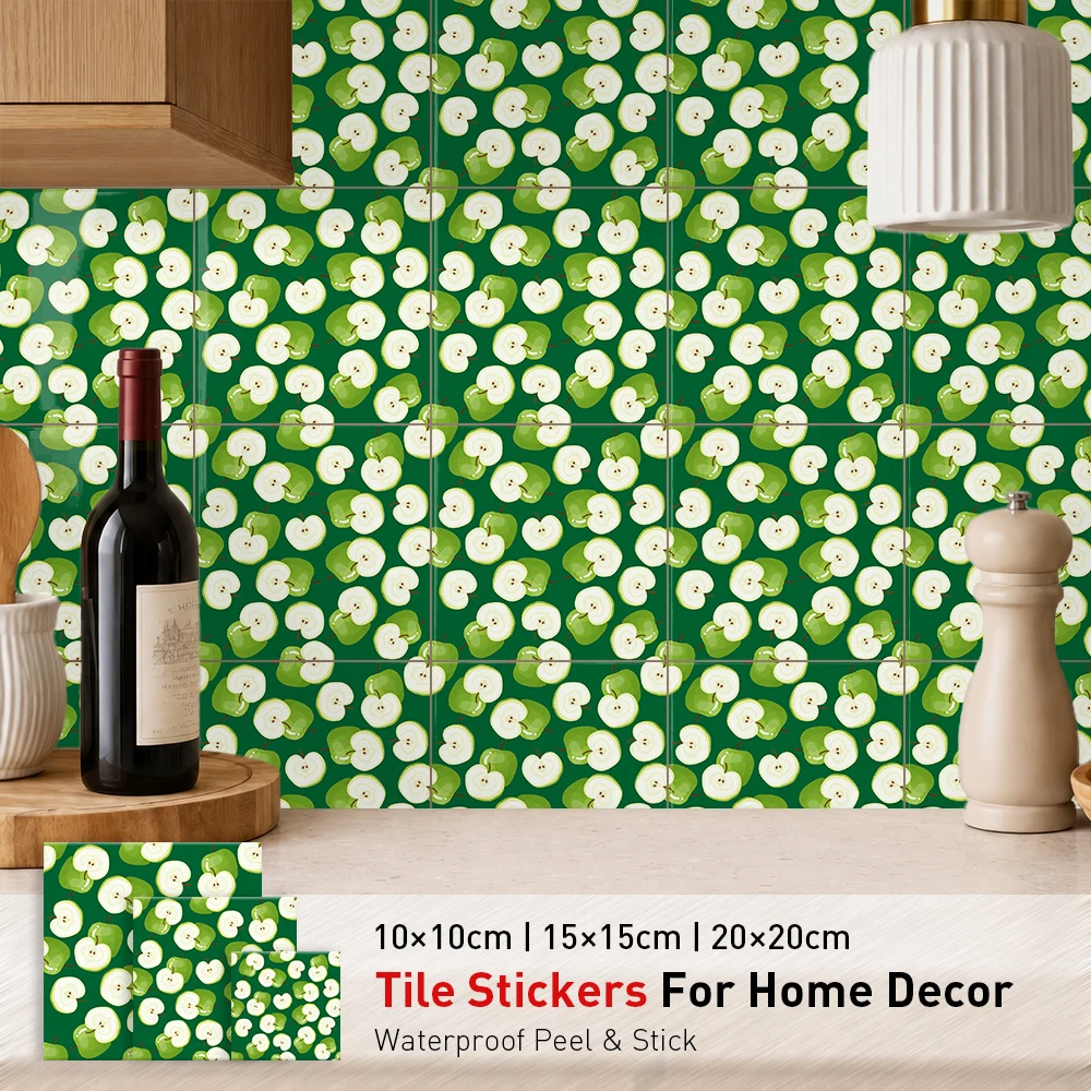 Cartoon Green Apple Fruit Wall Sticker, Fresh Sliced Apple Pattern Self Adhesive Tile Decal, Dark Decor for Bathroom