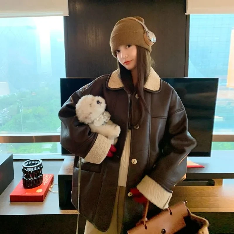 Vintage Lambswool Jacket Women Overcoat Autumn Winter Contrast Plus Velvet Thicke Leather Coat Loose Fur One Motorcycle Clothing