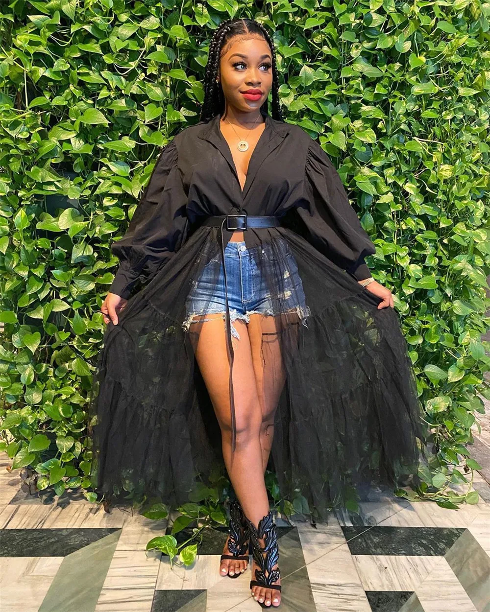 メッシュパッチワークホワイトシャツドレス秋服女性用ボタンアップランタンスリーブロングドレスストリートウェアナイトクラブパーティードレス