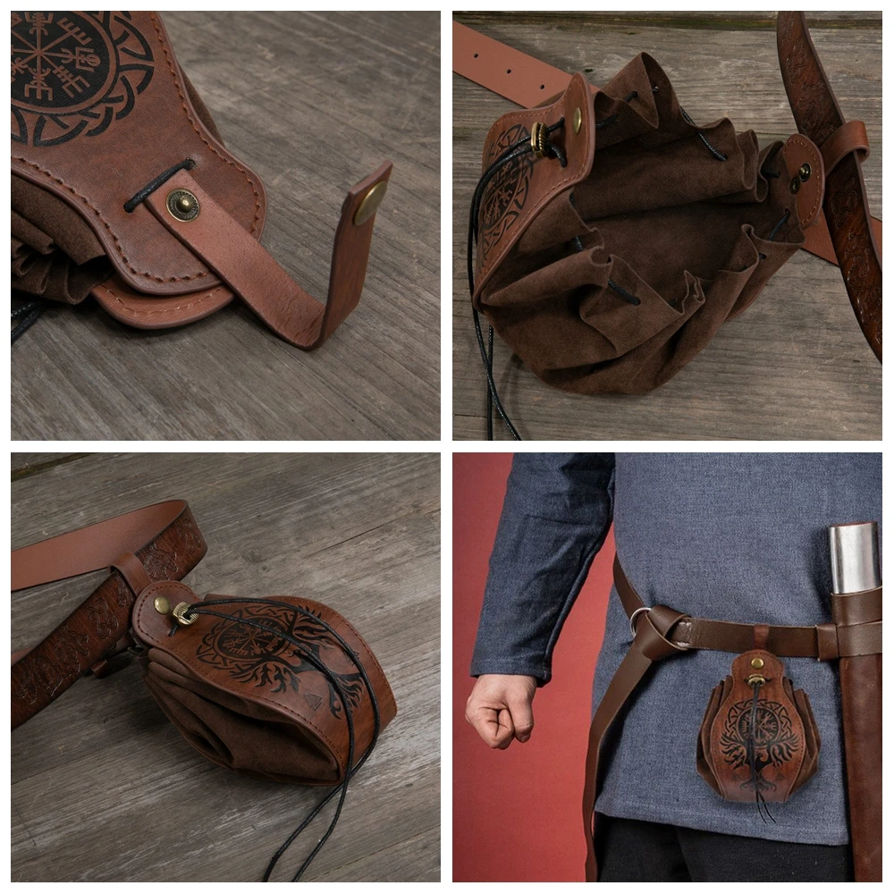 Medieval Viking Money Pouch Bag Cosplay Hangable Belt Waist Bag Unisex Leather Drawstring Bag Coin Purse Party Accessories Prop