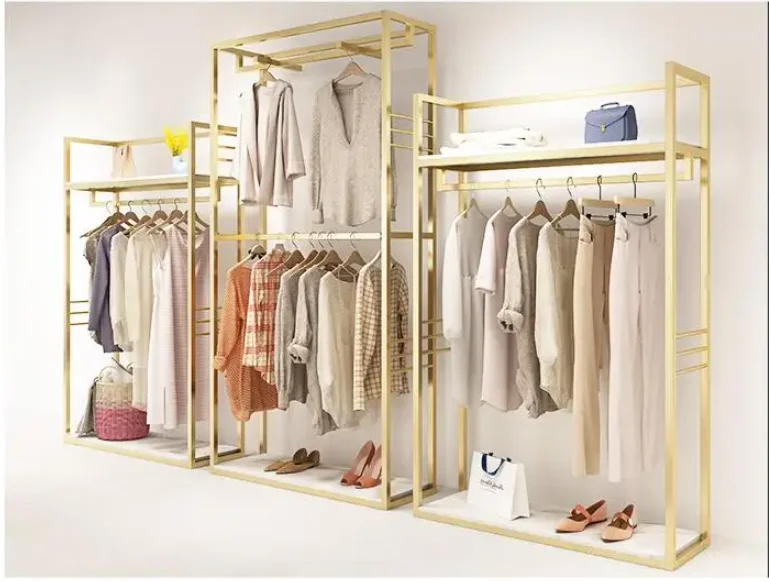 Floor-Standing Women's Nano-Gold Display Stand Double-Height Cabinet Hanging Clothes Rack for Clothing Stores