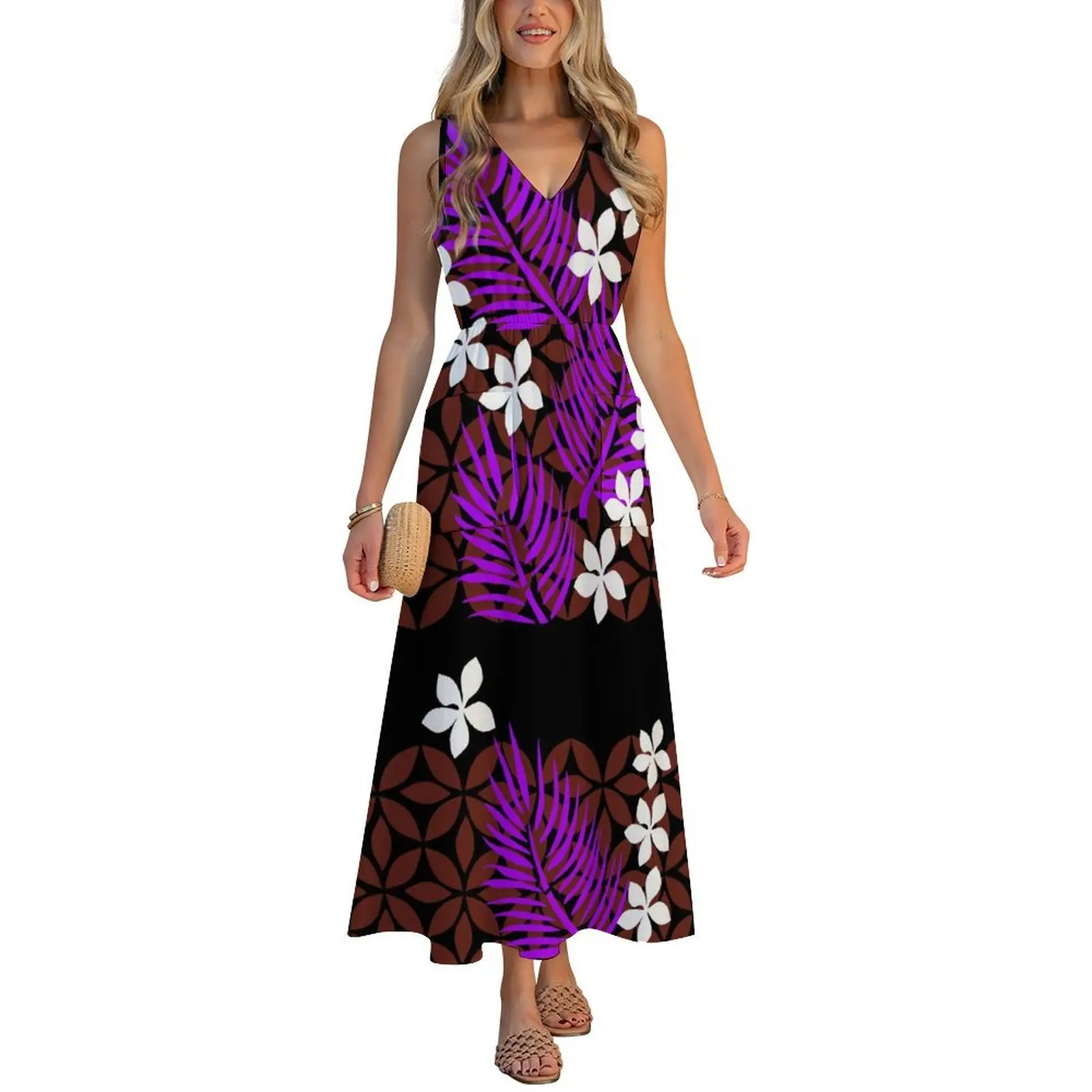 

Summer V-Neck Pullover With A Fitted Waist And A Sexy Letter-Shaped Pocket For Women'S Dress Samoa Custom Patterned Long Dress