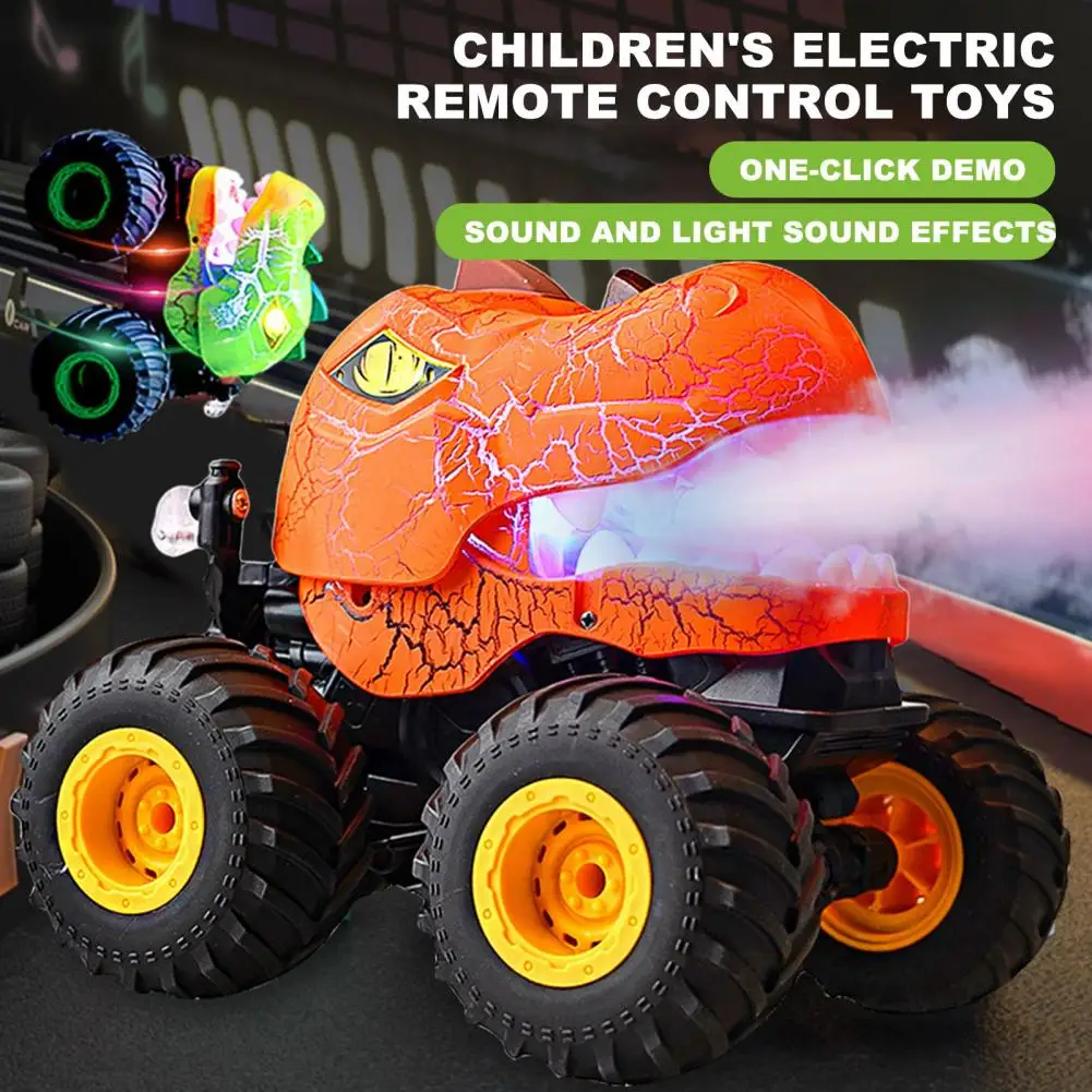 2.4GHz Remote Control Dinosaur Car Toy Light-up Spraying Dino Truck 360 Degrees Rotating RC Stunt Car Crawler Vehicle Toddlers