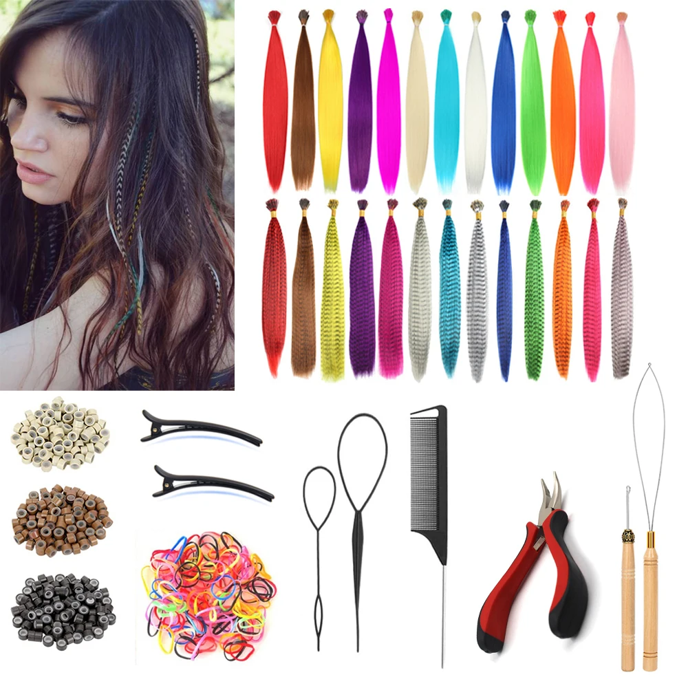 Women's 16 Inch Long Colorful Synthetic Feather Extensions Hair Tool Set 13 Available Colors 65 Pcs Creative Styling Kit