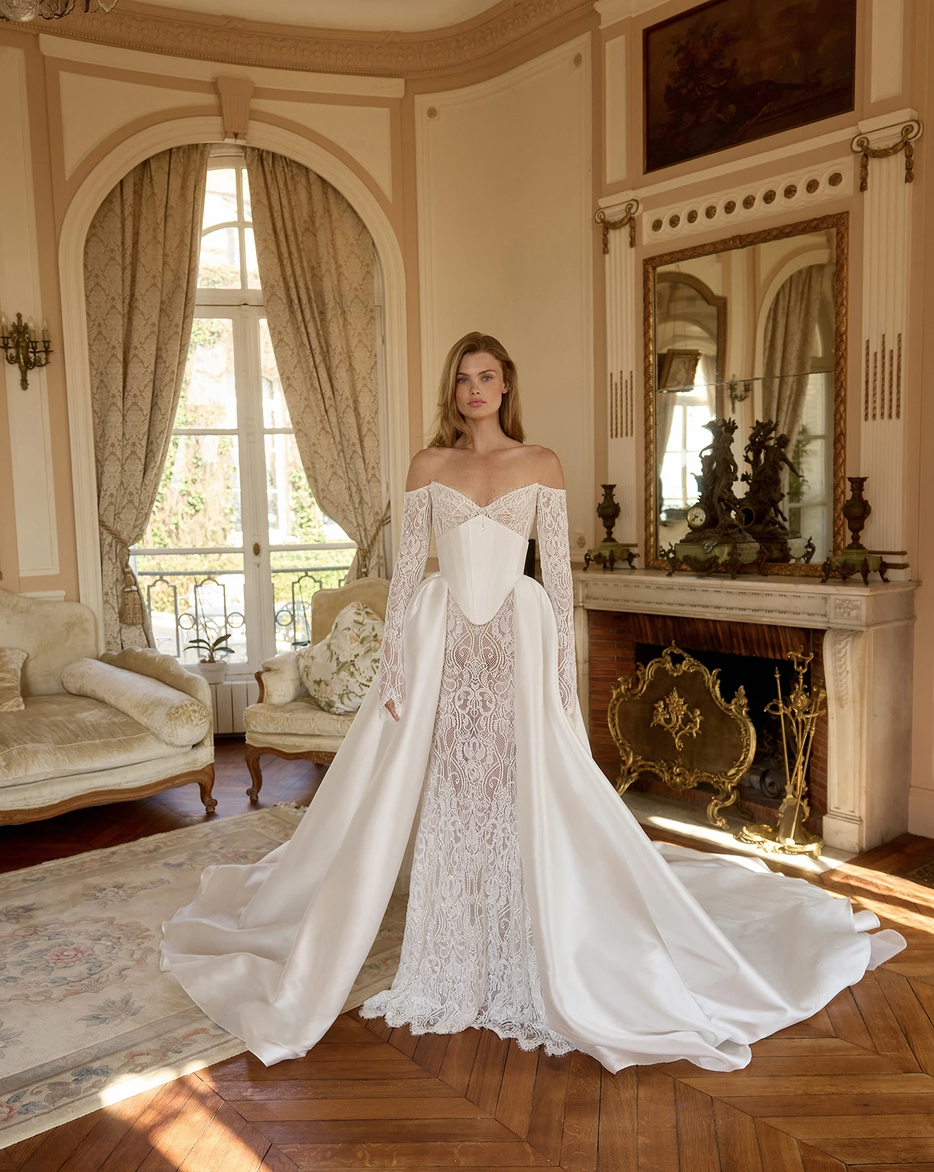 Vestidos de Novia Sirena de Lujo 2027, Vestido de Encaje y Satén con Manga Larga, Vestido de Novia 2 en 1 Desmontable con Cintura Estilo Vichy, Elegante