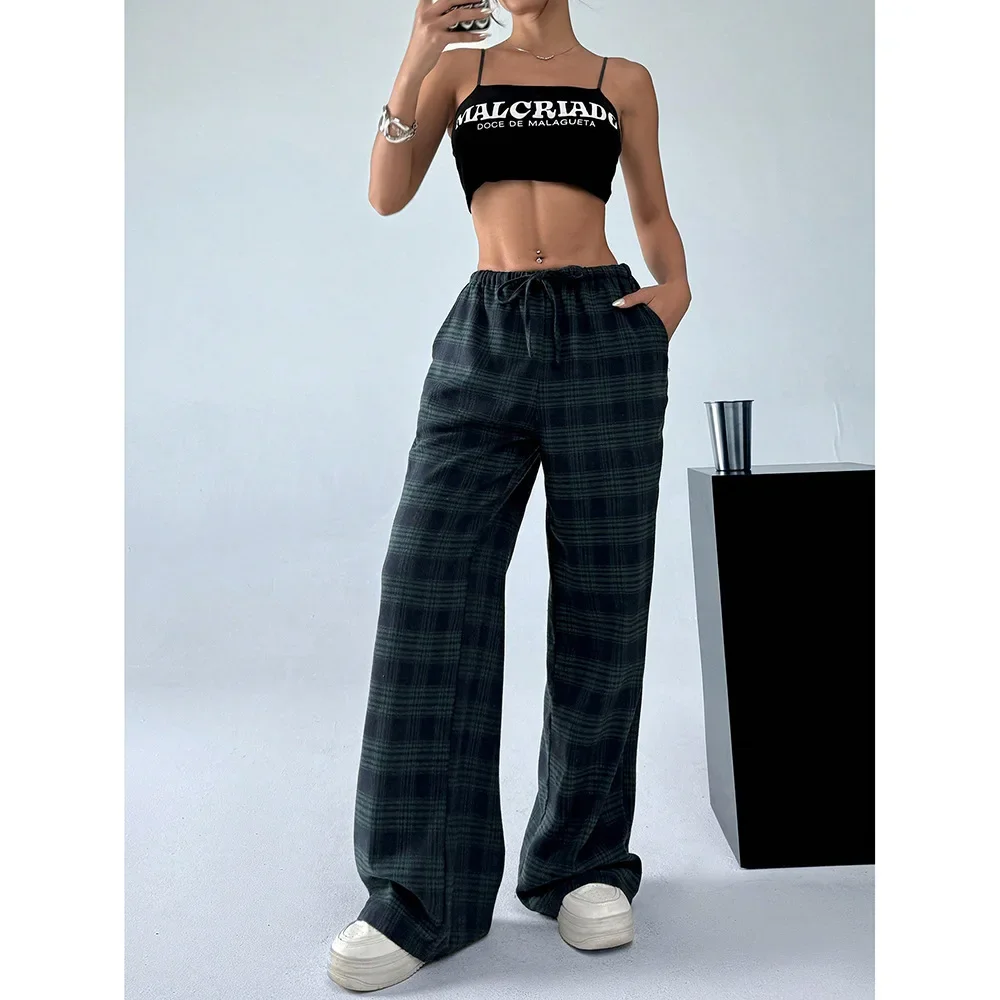 Amazon Europe Temu Independent Store Fashionable Casual Plaid Women's Pants Comfortable Loose-Fit Drawstring Trousers