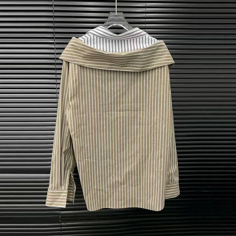 HKSH Spring Autumn New Women Shirt Striped Single Breasted Long Sleeve Detachable Collar Spliced Off-Shoulder Ins Blouse HK13401