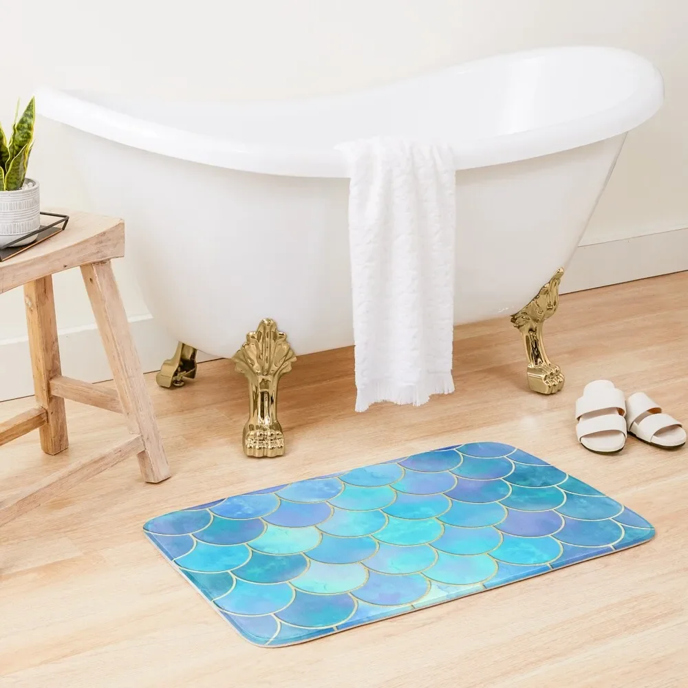 

Aqua Pearlescent & Gold Mermaid Scale Pattern Bath Mat Absorbent Rug Carpet Rug Mat