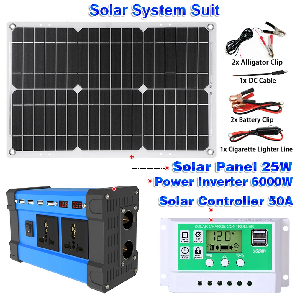 6000W Solar Inverter Kit Complete Power Generation 500W Solar Panel 110V/220V System 12V Solar Panel Battery Charging Controller