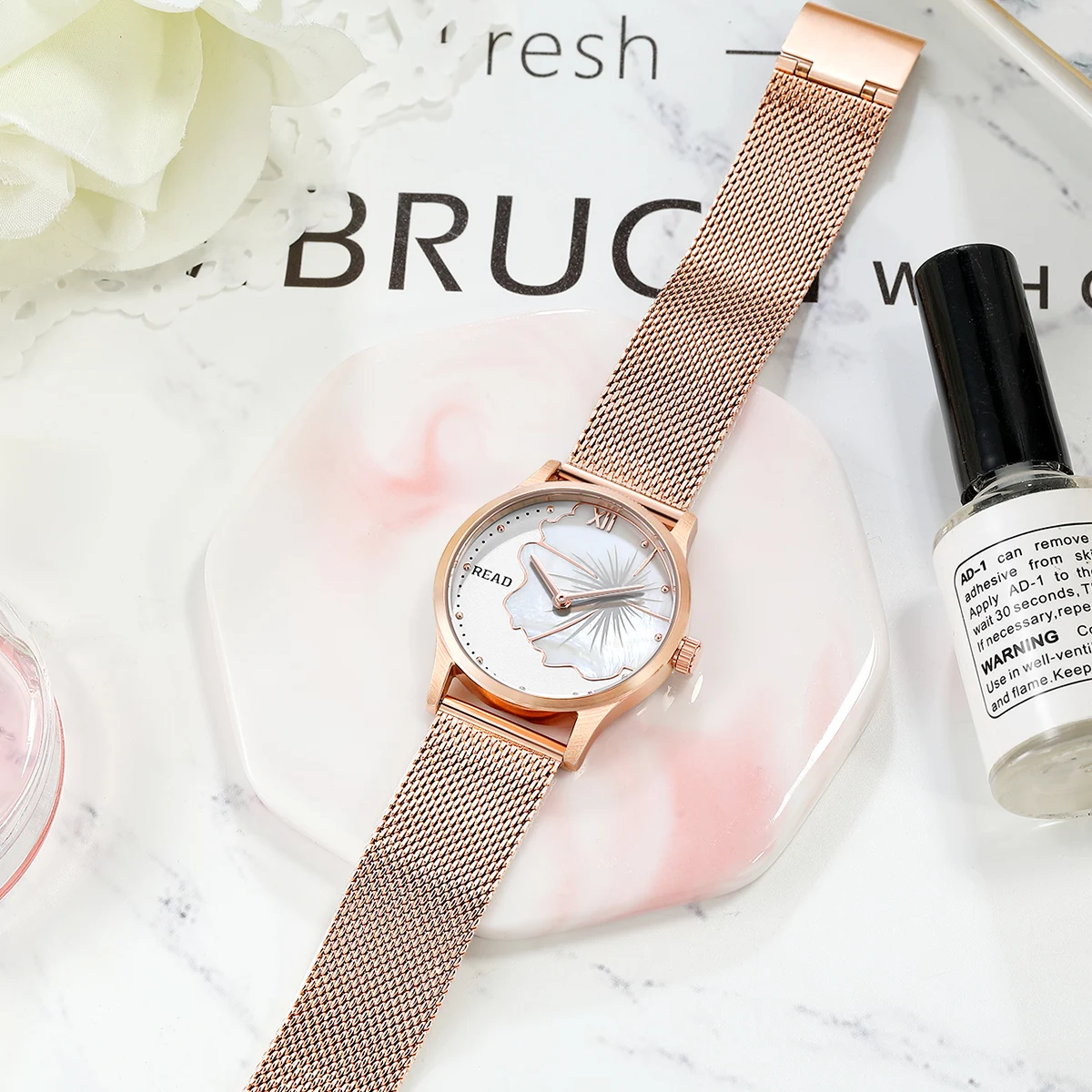 READ Women Quartz Watch | Rose Gold Mesh Strap | Shell Lotus Dial | High Hardness Glass | 3ATM Waterproof