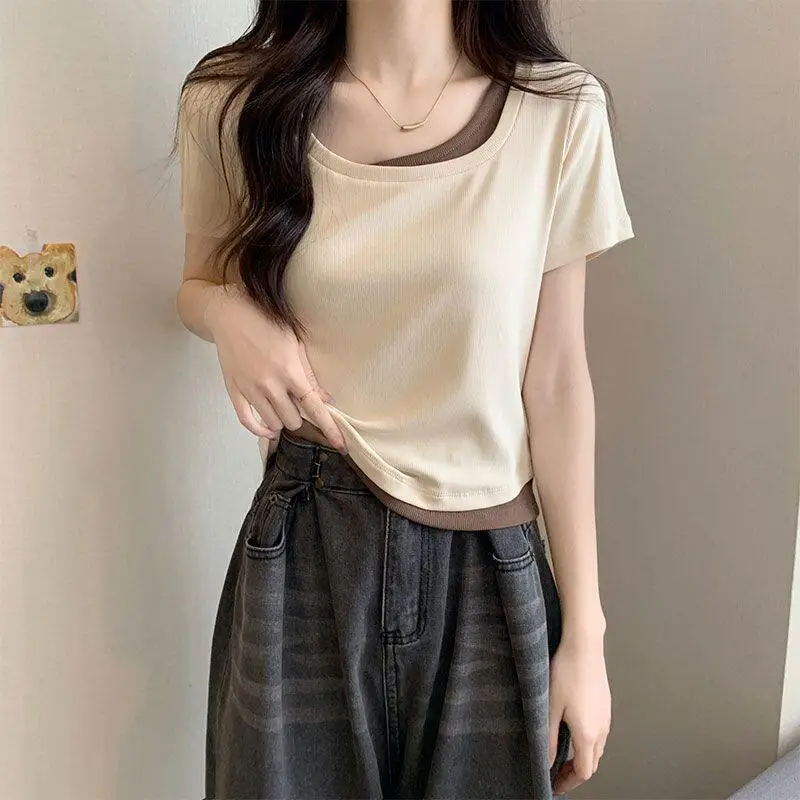 

Short Sleeved T-Shirt Women's Summer 2026 New Fake Two-Piece Design Sense Versatile Slim Fit Short Sleeve Solid Color Top