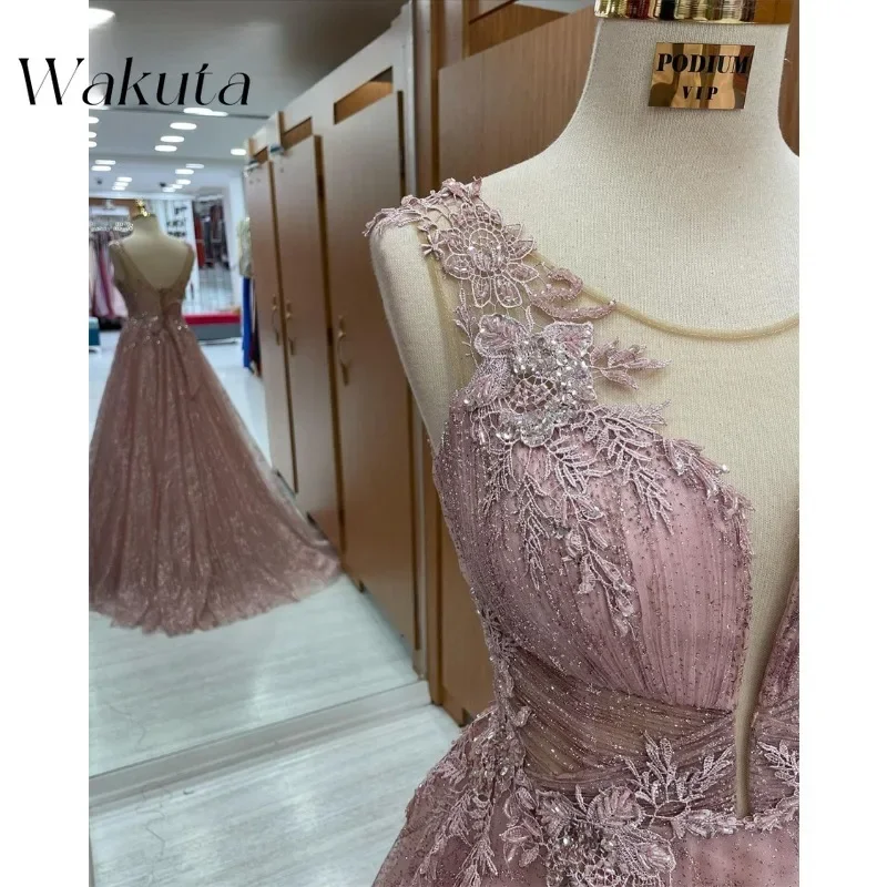 Wakuta Luxury Coral Lace A-Line Prom Dresses Elegant V-Neck Sleeves Special Evening Event Robe De Soiree Femme Pour Mariage