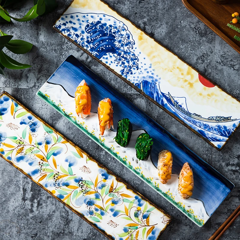 

Креативная ручная роспись керамическая японская кухня блюдо для суши длинная тарелка сашими лосось прямоугольная тарелка длинная тарелка посуда
