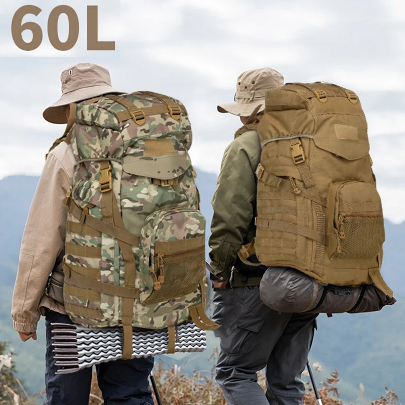 60L Camouflage Camping Mountaineering Rucksack พร้อมโลโก้ขี่จักรยานยุทธวิธีกระเป๋าเป้สะพายหลังเดินป่ากระเป๋าพิมพ์ภาพ