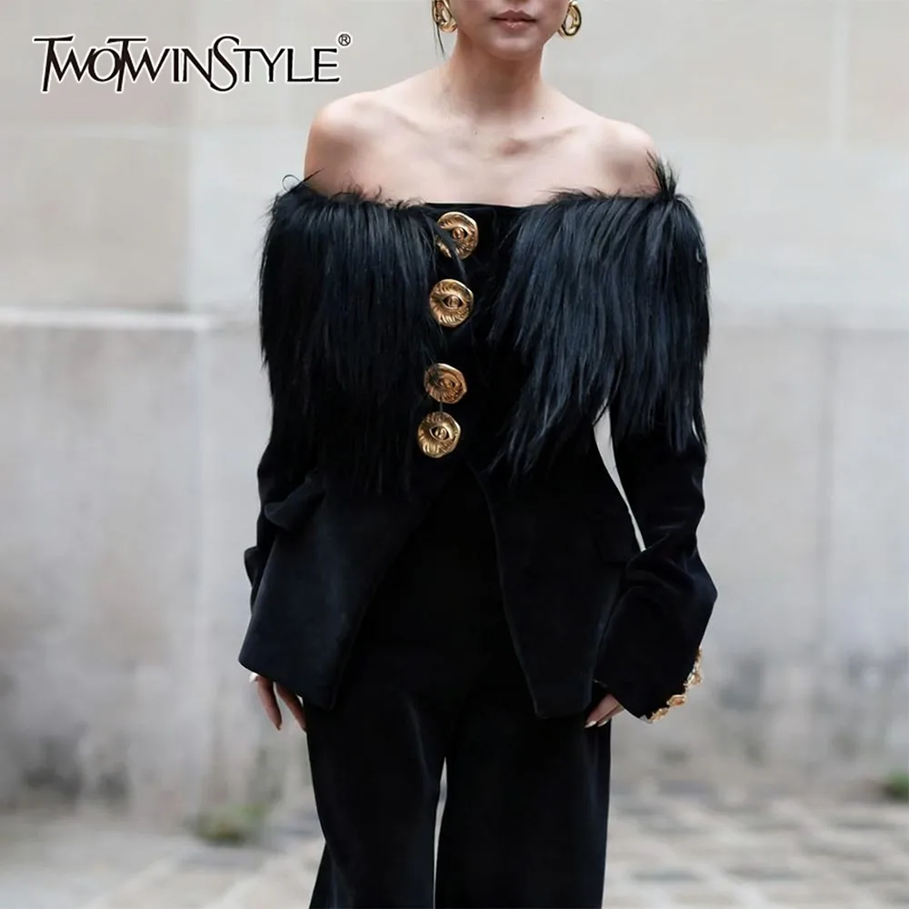 

TWOTWINSTYLE Black Spliced Single Breasted Jacket Female Slash Neck Long Sleeve Light Luxury Women's Jackets Autumn Fashion New