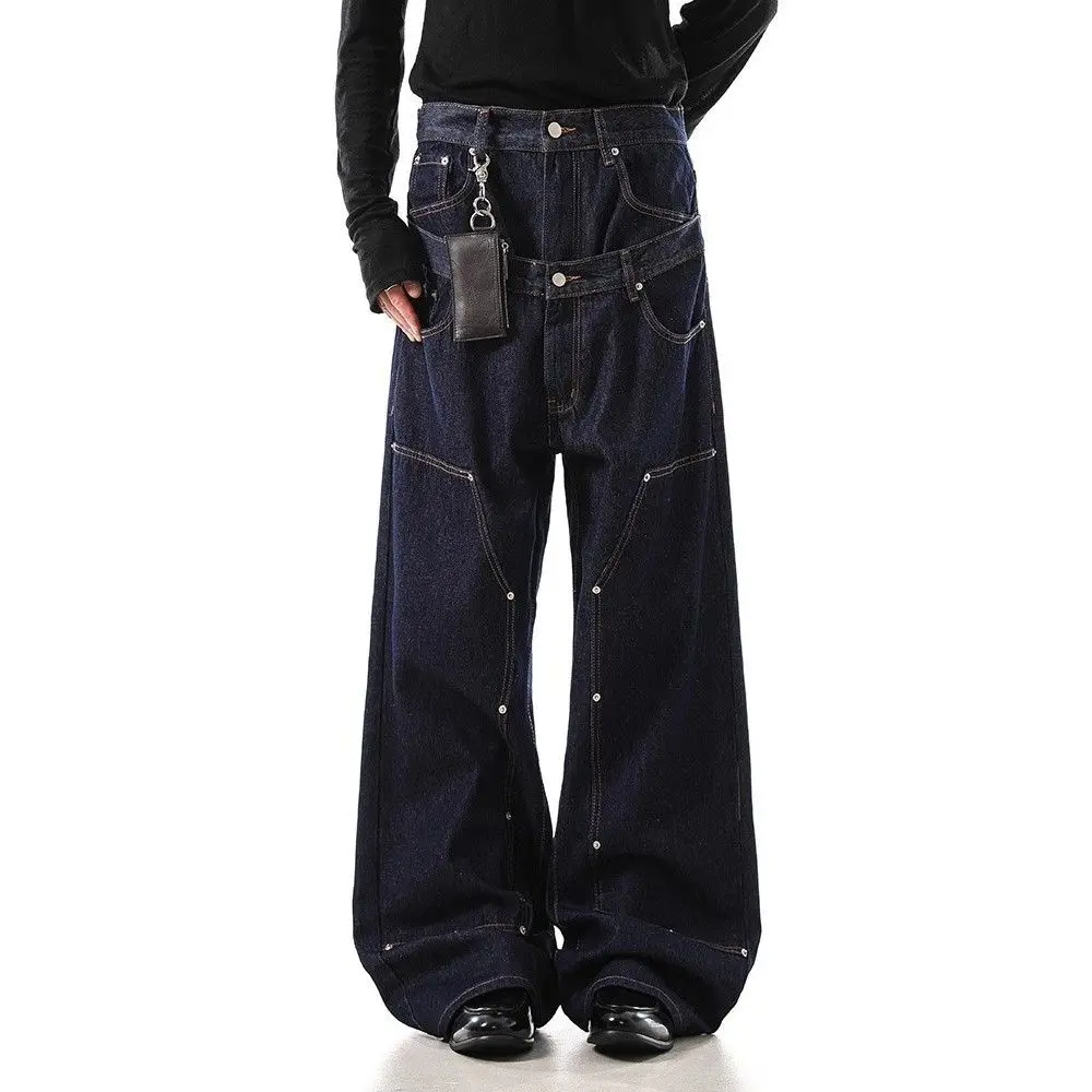 Men's Retro Rivets Fake Two-piece Jeans Spring Trousers Street Style Hip-hop Sweatpants Cool Boys Bottoms Male High Waist Pants