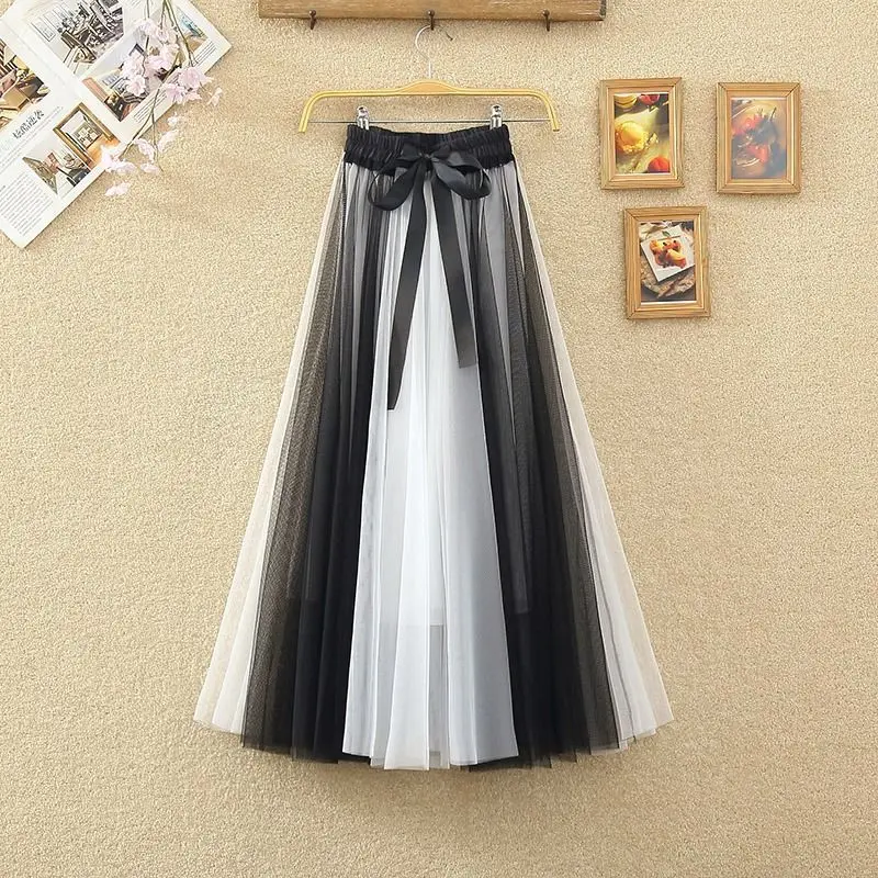 Summer and Autumn High Waisted Contrasting Color A-Line Large Swing Fluffy Skirt Mesh Medium Long Skirt for Women