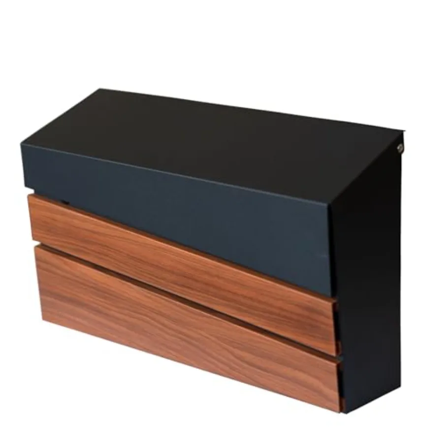 

Wall-Mount Mailbox Walnut Wood Panel Rust Resistant Large Capacity House Mailbox Morden Drop Mailboxes for Outside Metal Post B