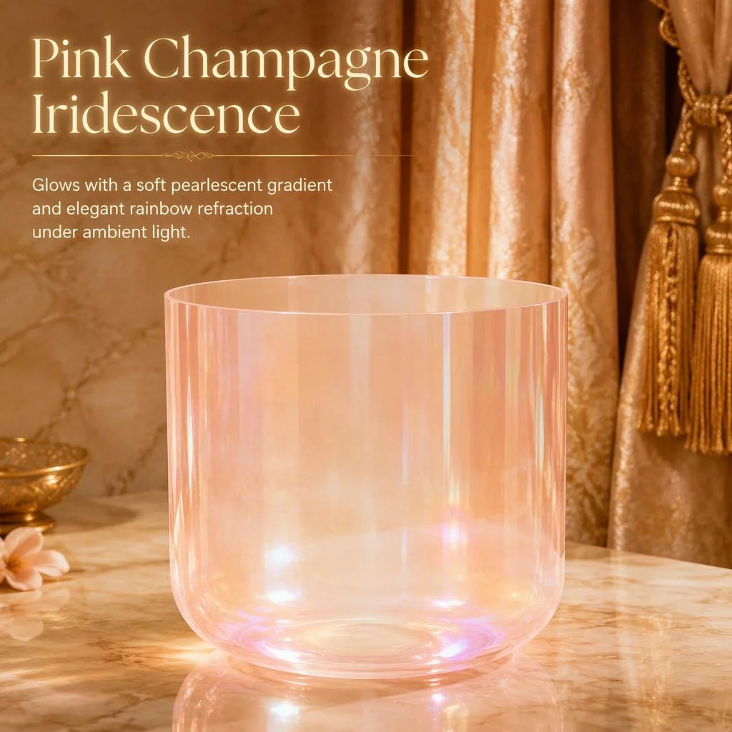 Pink Champagne Aura Quartz Singing Bowl Iridescent Pearlescent Crystal Sound Bowl for Stress Relief Meditation Sound Therapy