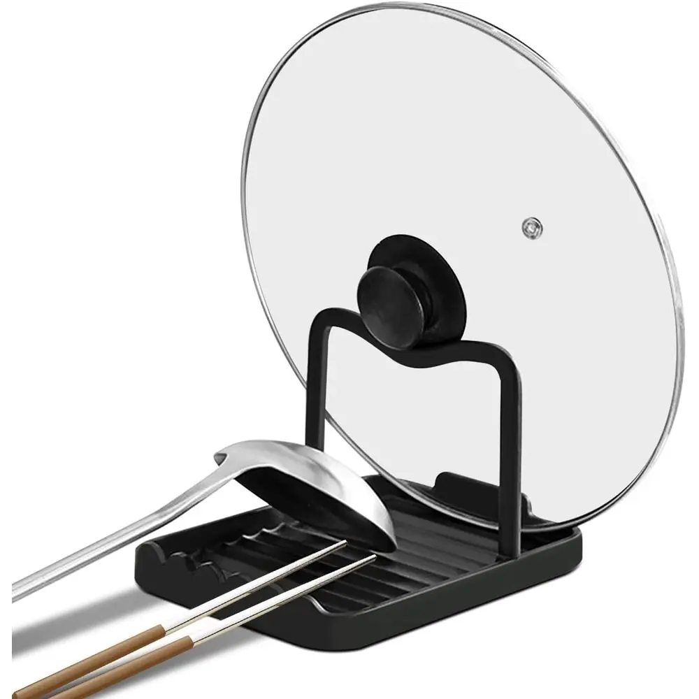 

Stainless Steel Kitchen Utensil Rest - Pot Lid and Scraper Holder with Spoon Rack for Stovetop Accessories (Black)