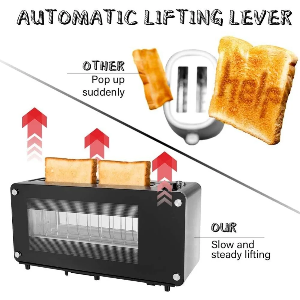 Tostadora de 2 rebanadas, tostadora con ranura larga y ventana de vidrio, tostadora de pan artesanal, ranura ancha de acero inoxidable