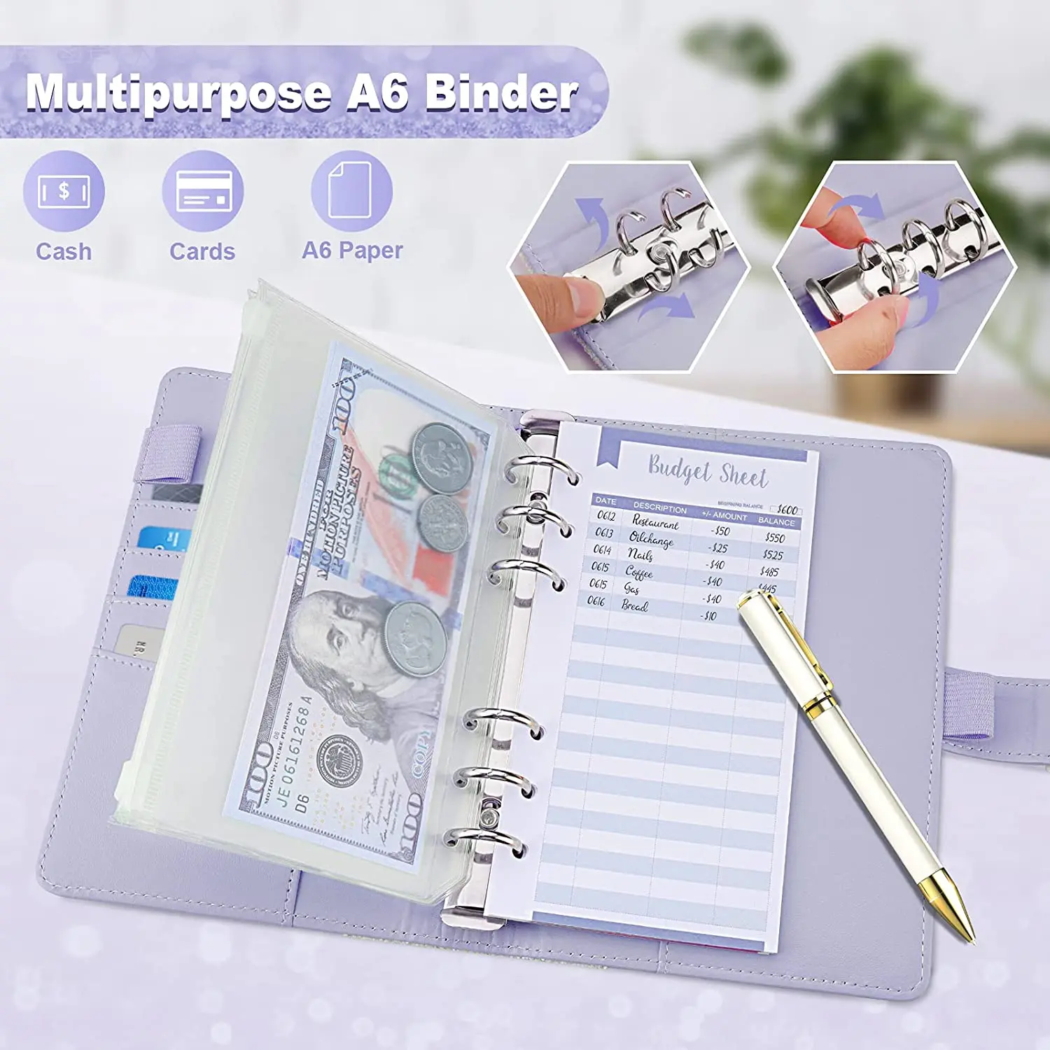 Mini classeur A6 en cuir brillant à 6 anneaux avec fermeture à boucle magnétique