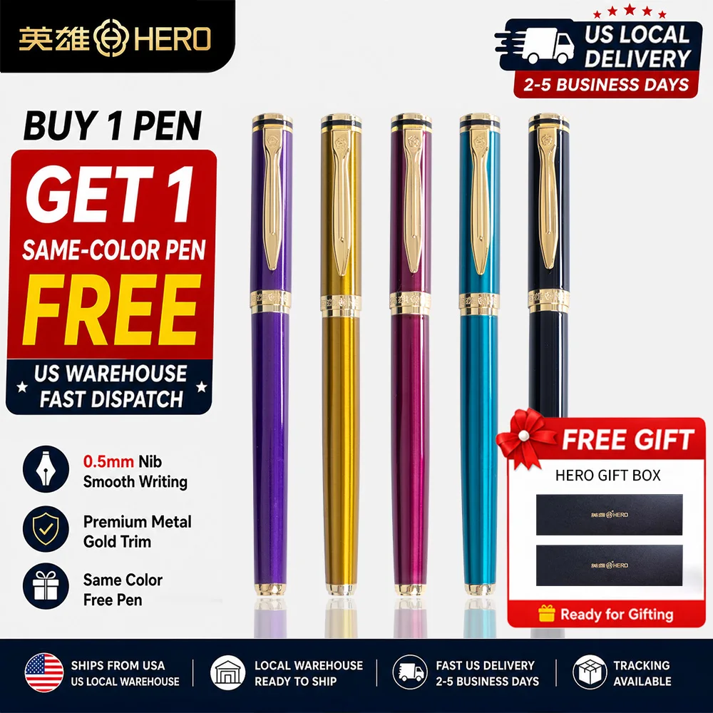 Hero 6177 Fountain Pen Gold Plated Nib 0.5mm, Smooth Writing Comfortable Grip Metal Black Body, Local Warehouse Stock Same Day Dispatch, Business Signature Calligraphy Iridium Pen Support Ink Cartridge & Converter