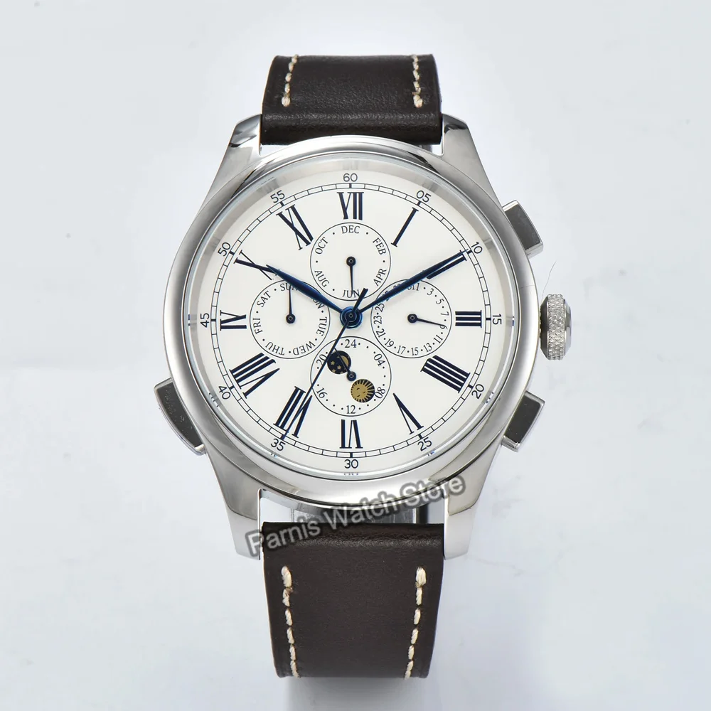 Parnis 45 mm witte wijzerplaat blauwe markeringen herenhorloge automatische mechanische kalender lederen bandhorloges