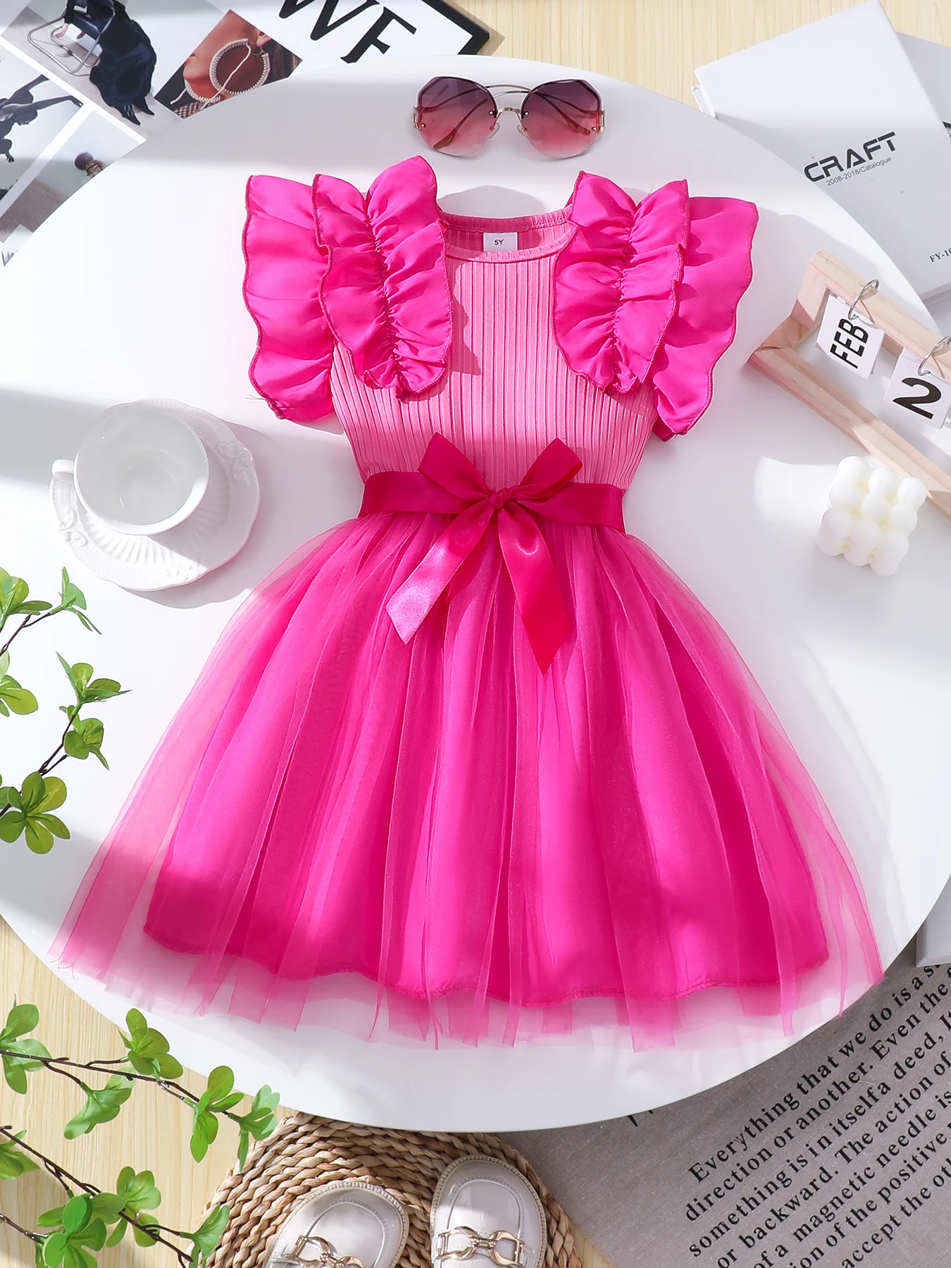 Delicate and adorable sheer dress for girls - solid color round-neck puff sleeve princess dress suitable for birthday parties, w