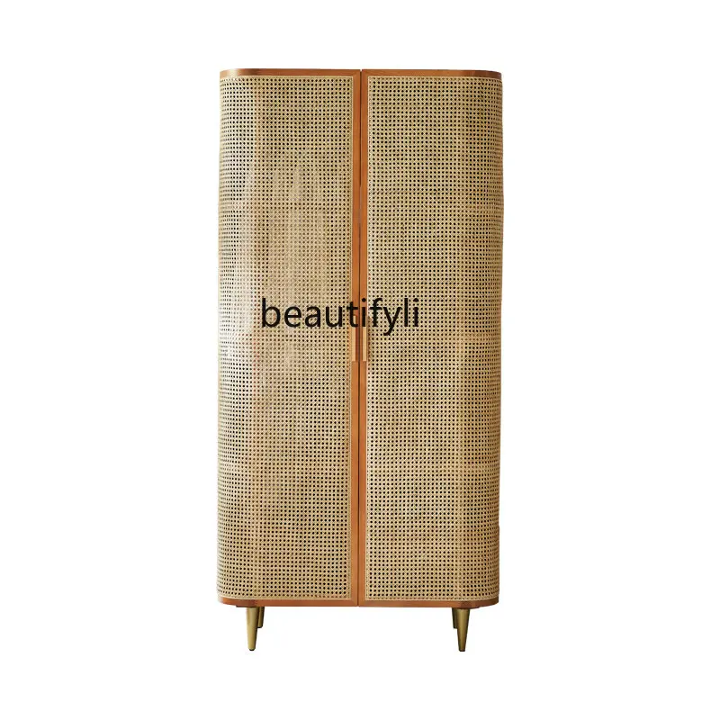 

Nordic Solid Wood Rattan Wardrobe Japanese-Style Household Wardrobe Hanging Simple Storage Cabinet Bedroom Overall Locker