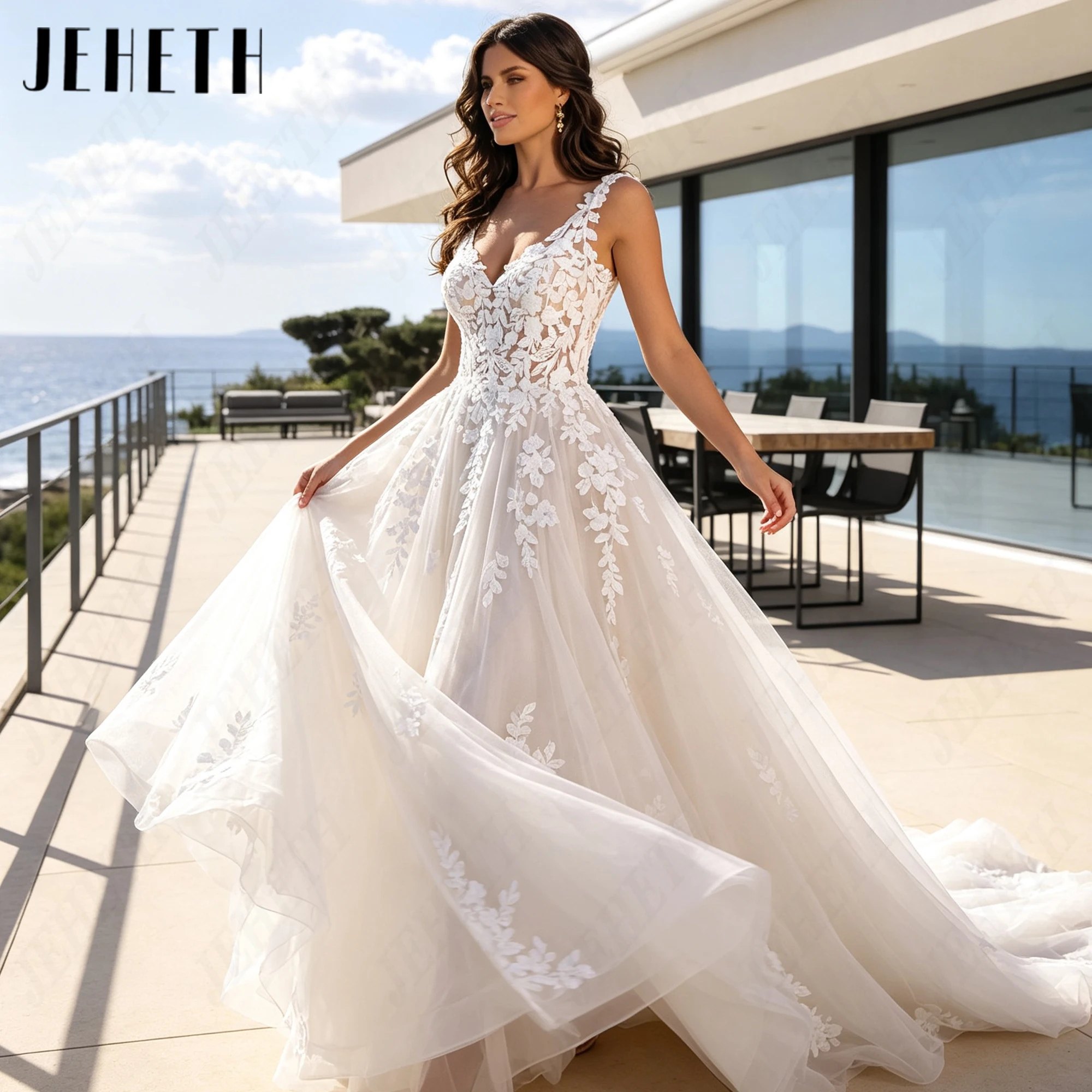JEHETH Backless Boho Beach Wedding Gowns Lace Appliques Sleeveless Bridal Gown Sweep Train Trendy Customized Tulle Bride Dresses