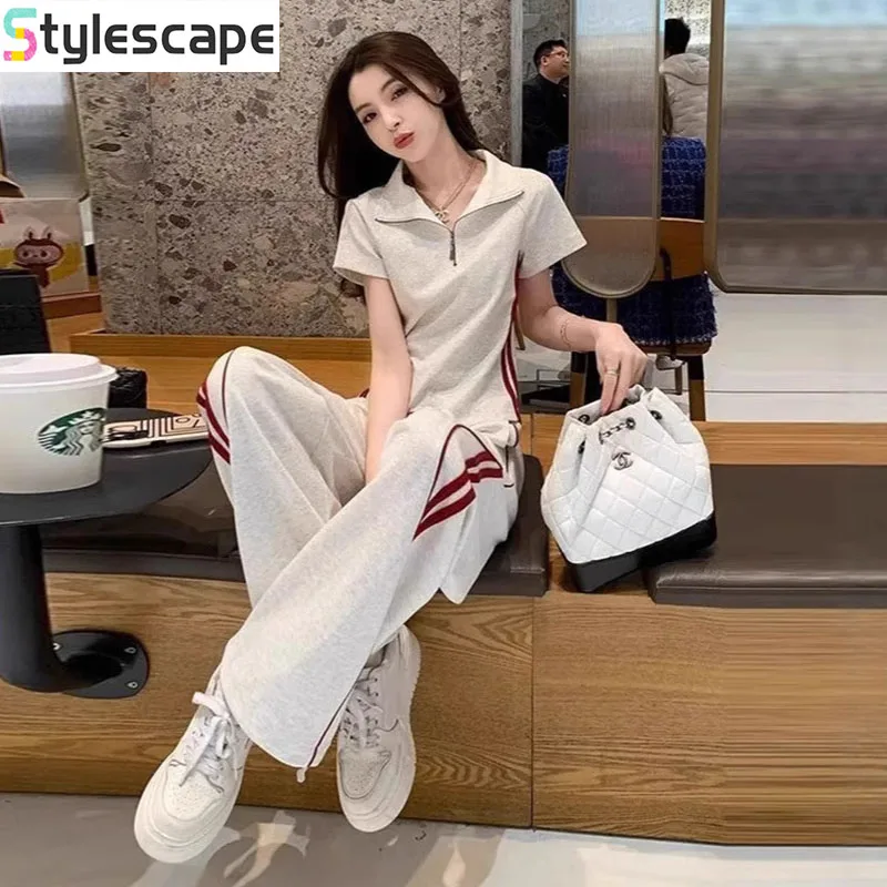 

Fashion suit women's summer new Korean style polo collar top casual sports wide leg pants two-piece set new in matching sets