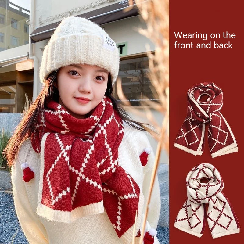 

Korean Style Wine Red Knitted Wool Scarf Women's Winter Warm Neck Warmer New Year Gift Unique Special Purpose Fashion Accessory