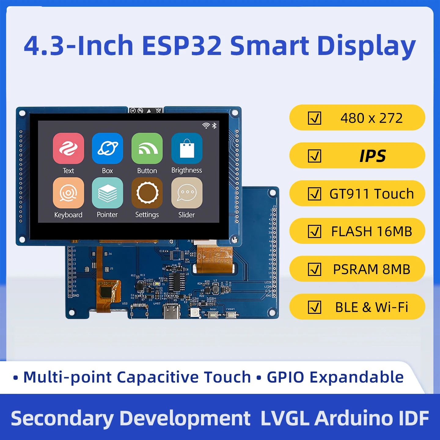 ESP32 S3 Development Board with 4.3 Inch Smart Touch Display IPS TFT LCD for Aruino LVGL WiFi&Bluetooth 16M Flash 8M PSRAM