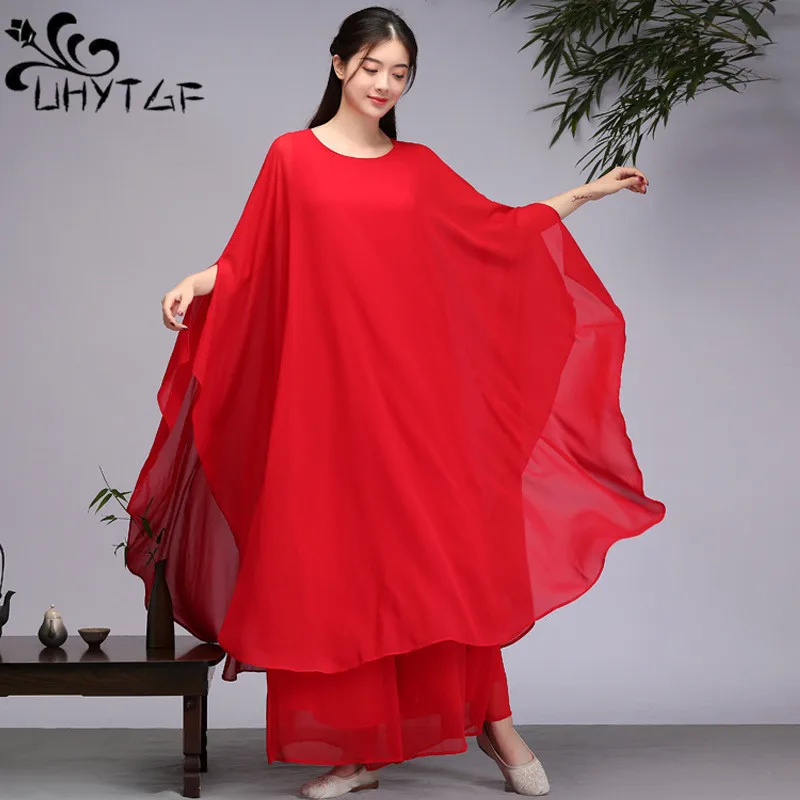 

Three Layers Large Swinging Chiffon Tea Suit Zen Suit Wide Leg Pants Set Buddhist Meditation National Style Dance Dress Women584