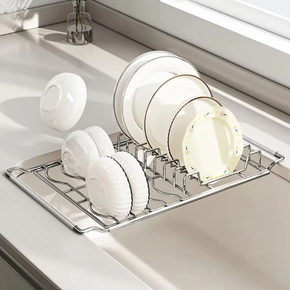 

Stainless Steel Expandable Dish Rack Rustproof Non-slip Kitchen Sink Organizer Space-saving Fruit Drainer Bowl Drain Shelf