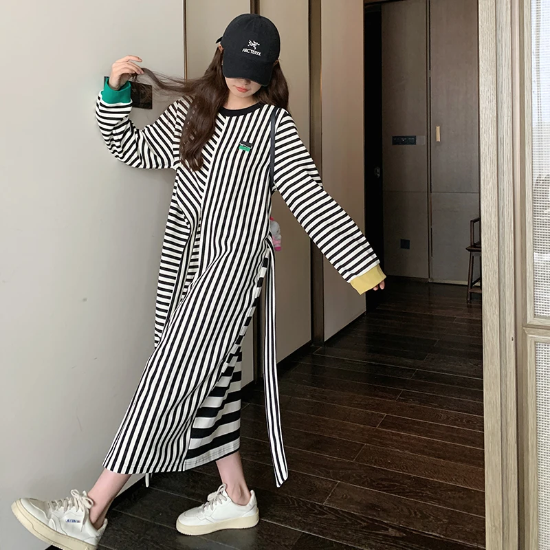 Long Sleeve O-neck Stripe Spliced T-shirt Dress for Women 2023 Autumn Fashion Elegant Loose Casual Straight Bandage Dresses 2569