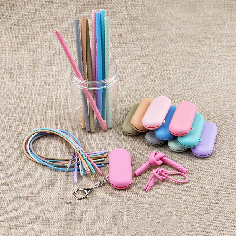 4pc/1set Colorful Foldable Silicone Beverage Straw Set Reusable Beverage Milk Tea Storage Bag Portable Wine Straw Cleaning Strip