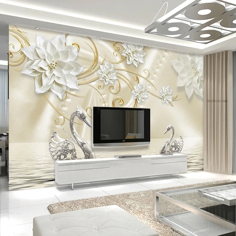 

Custom Mural Luxury White Embossed Flower Crystal Swan 3D Wallpaper Fresco Living Room TV Background Wall Decor Papel De Parede