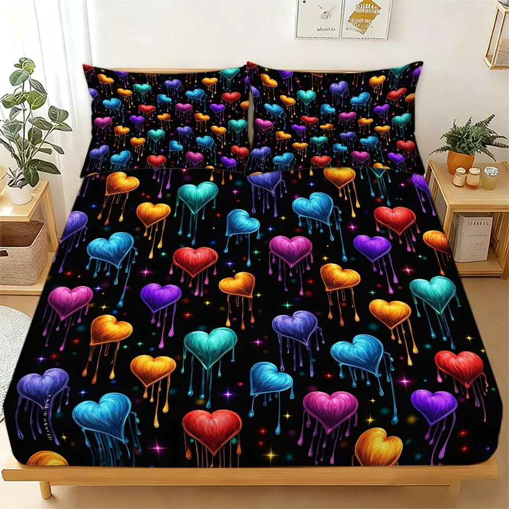 Colorful Heart-Patterned Fitted Sheet Set, Printed Fitted Sheet, Mattress Protector, Breathable Polyester Material (Includes 1 Fitted Sheet + 2 Pillowcases), Fitted Elastic Mattress Protector, Fitted Sheet Style, Protective Cover, Mattress Protector, Fitted Bedding, Christmas-Themed Bedding, Baby Bedding, Suitable for Nursery