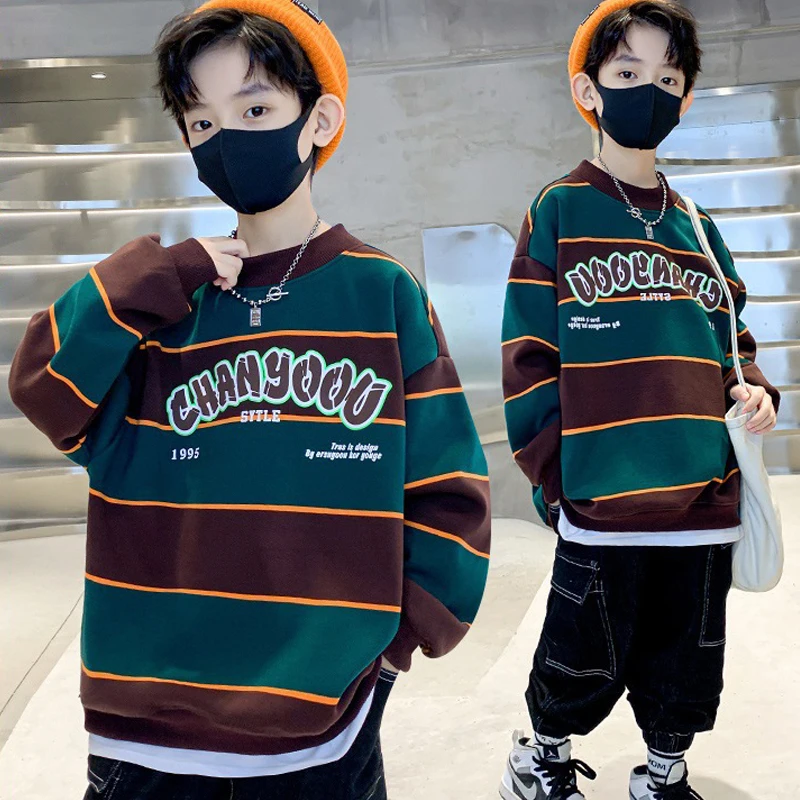 

Fashion Boys Sweatshirts Autumn Casual Long Sleeve Stripe Jackets Street Children's Clothes Kids Loose Tops Teen 8 10 12 14 Year