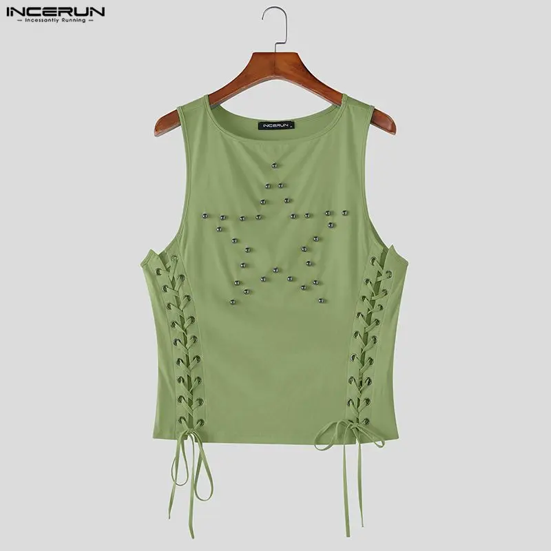 INCERUN Men Tank Tops Lace Up Hollow Out Sleeveless Male Vests Crop Tops Summer Streetwear 2026 Sexy Fashion Casual Men Clothes
