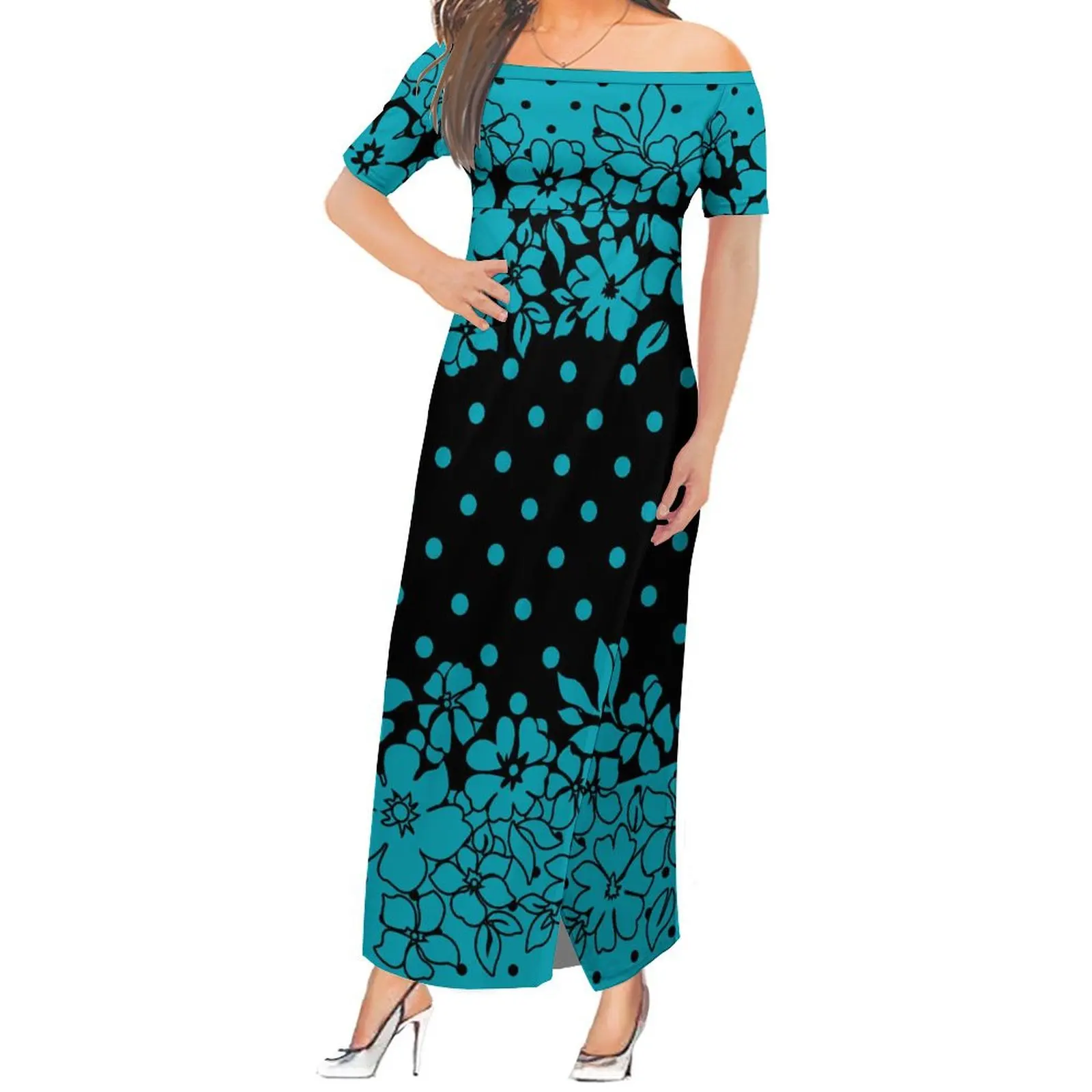 

2024 Polynesian Tribe Custom New Ladies' Off-The-Shoulder Dress Hawaii Midi Party Short Sleeve Sheath Maxi Dress