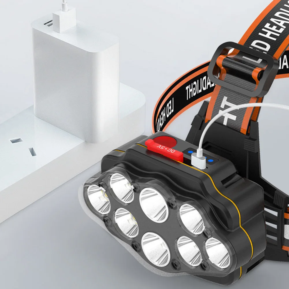 8LED ไฟฉายหัวที่มีประสิทธิภาพ USB ชาร์จโคมไฟหัวสว่างสูง 2400mAh Camping ค้นหาแสงสําหรับเดินป่าตั้งแคมป์กลางแจ้ง