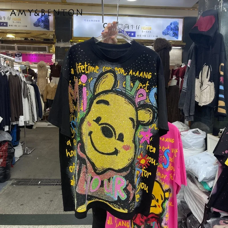 

2026 Spring New Tees Cartoon Rhinestone Loose Large Cute Y2k Tshirts Age-Reducing Short Sleeves Round Neck Top T-shirt For Women