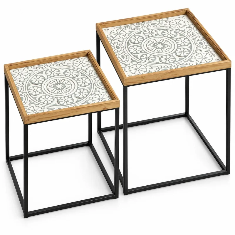 Vintage Nesting Side Tables Set of 2, Floral Wood Tops with Black Iron Frames, Distressed Square End Tables for Living Room