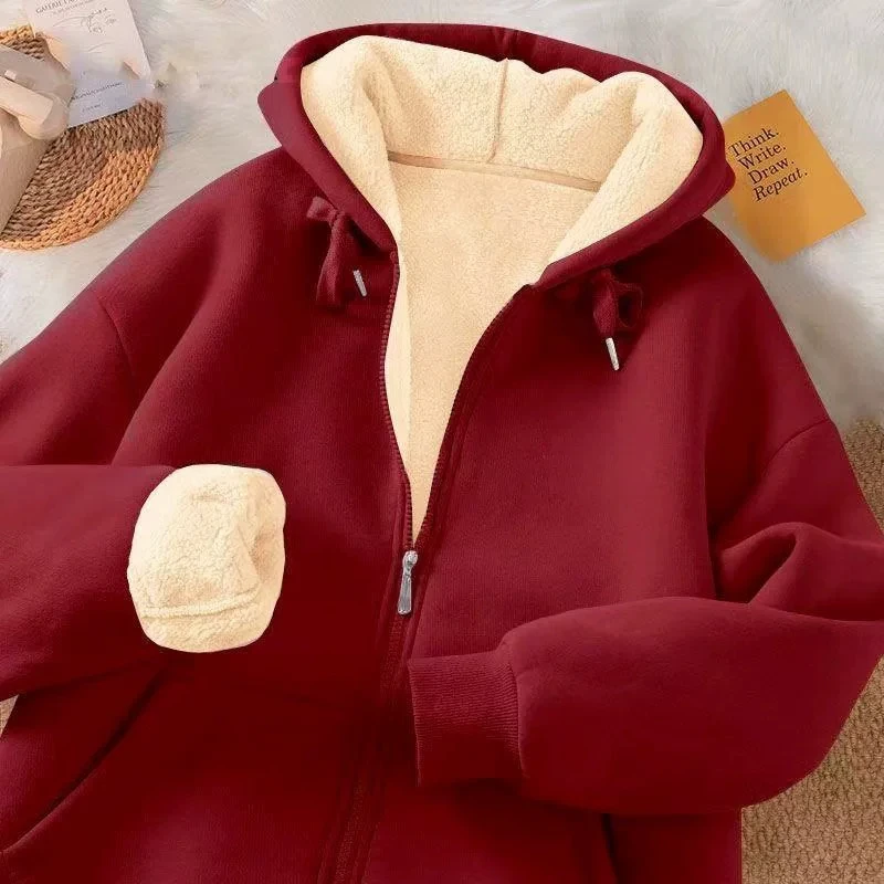 Women's Thickened Fleece Lined Hooded Jacket Coat for Working Autumn Winter Loose Large Size Cardigan Sweater Korean Style