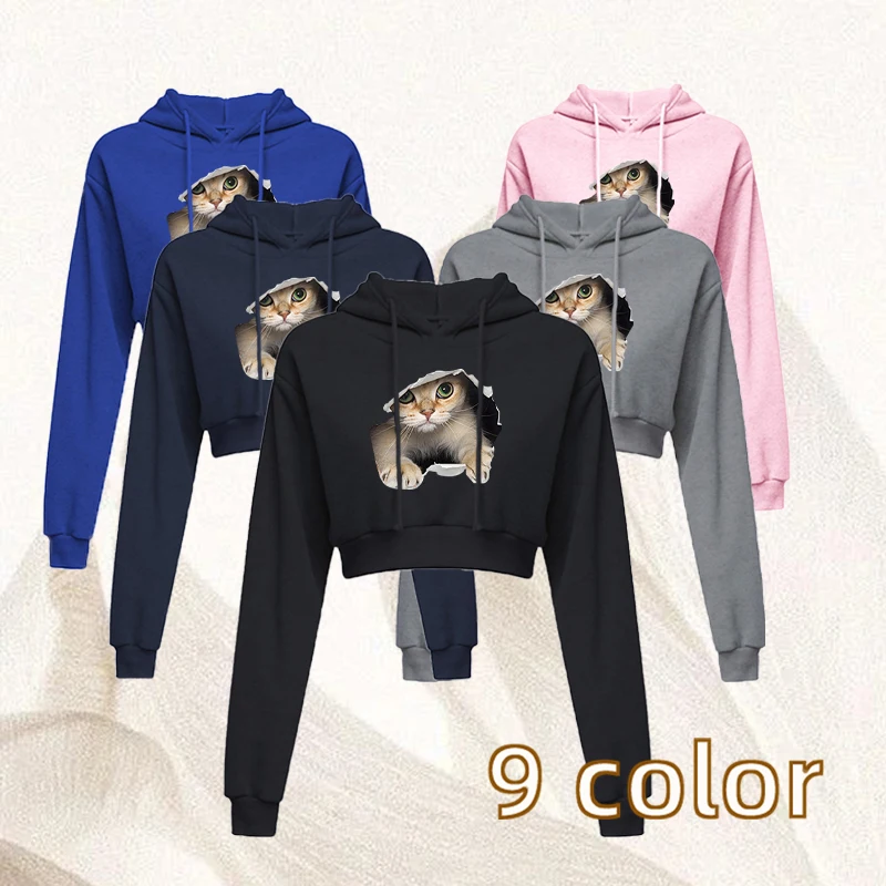 

New Fashion Women Crop Top Hoodie Autumn Winter Casual Long Sleeve Hooded Short Sweatshirt Sexy Printed Crop TopHoodie 9 Colors