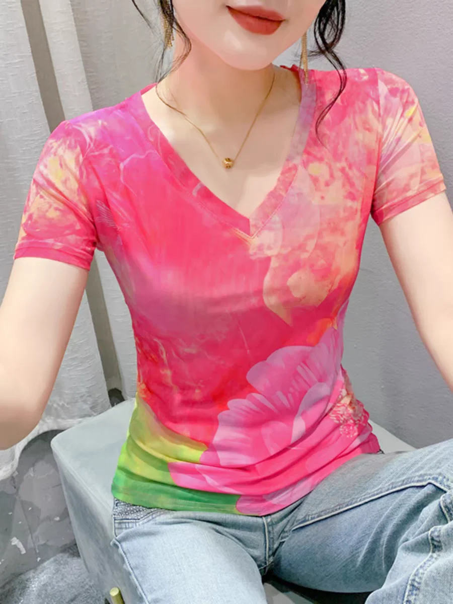 Summer T Shirts Girls Positioning Printed Flower Short Sleeved V-neck Tops Tees For Women Slim Trendy T-shirt FF8615