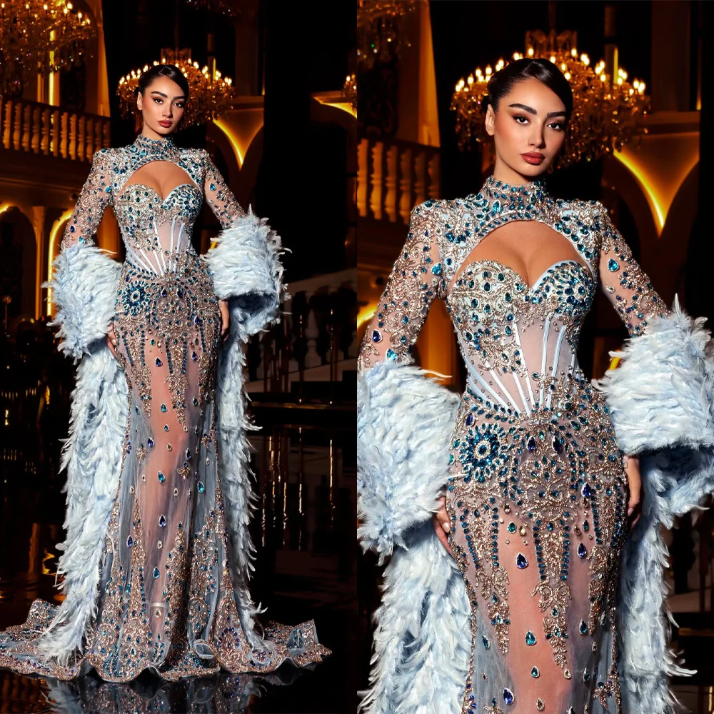 

Luxury Evening Dresses Crystal Beading Prom Dress Feather Shawl High Neck See Through Mermaid Party Gowns Vestidos De Noche